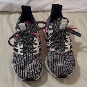 Adidas Black and White Sneakers with Pink Highlights